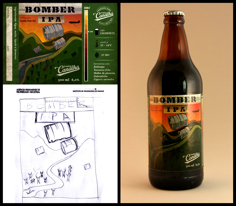 Primeiro rótulo, estudo e garrafa da Bomber IPA.